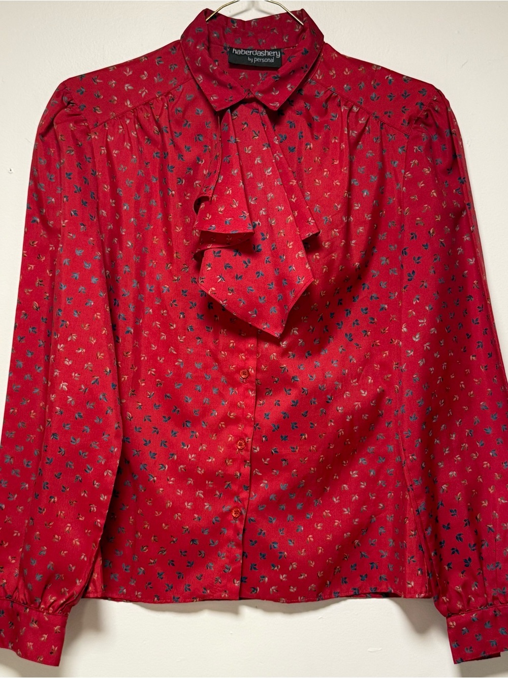 Vintage Ruby Red Secretary Blouse Detachable Collar Bow 80s Crimson Button Up